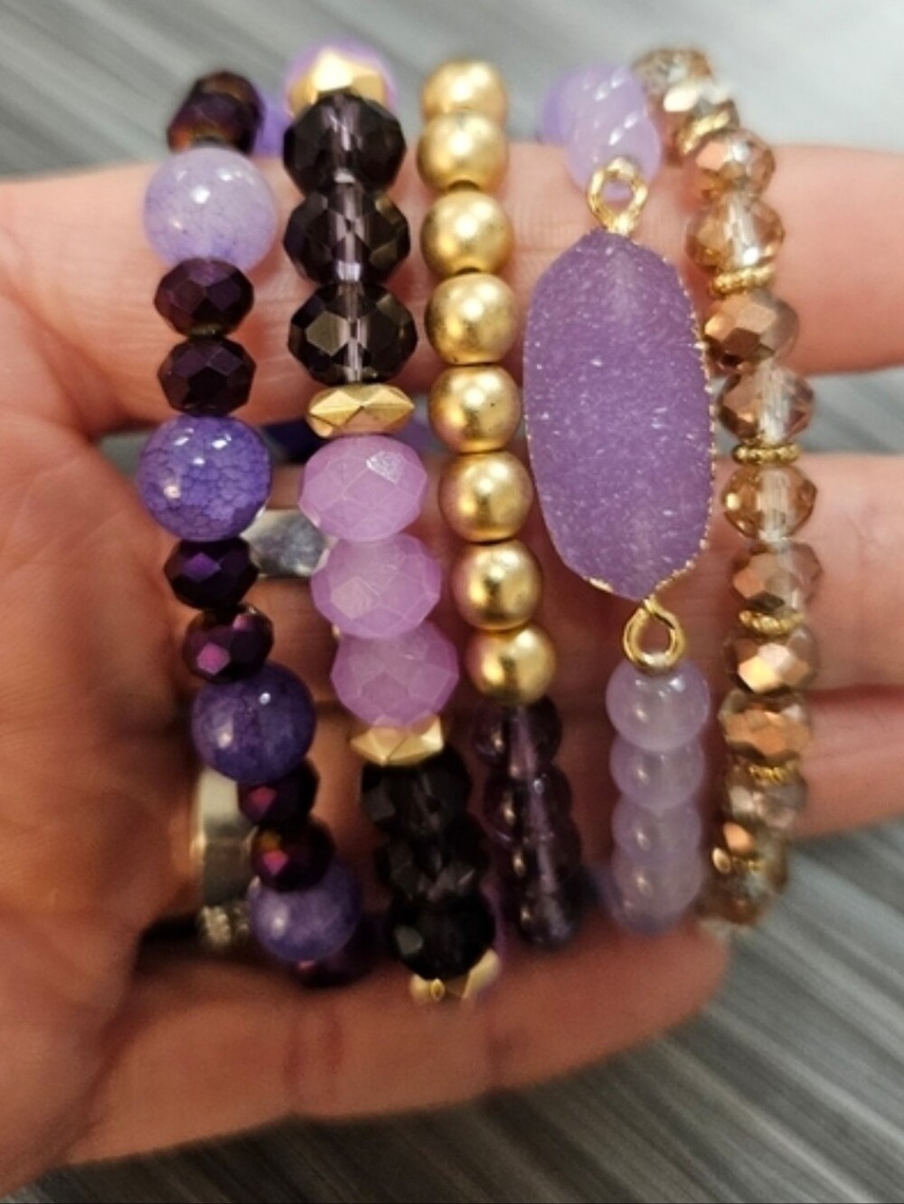 NEW Purple and Gold Beaded 5-Piece Bracelet Set
